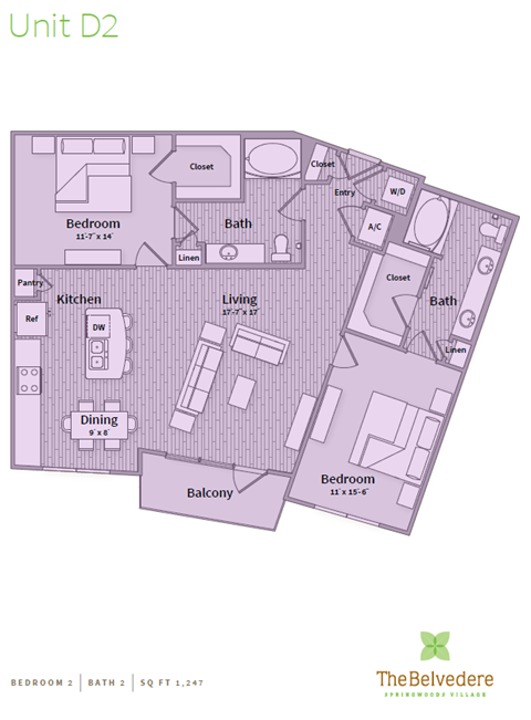 Floor plan for 2 beds, 2 baths, 1247 sqft